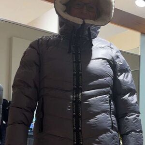 Gray Hooded Puffer Coat with Faux-Shearling Trim with removable sleeves